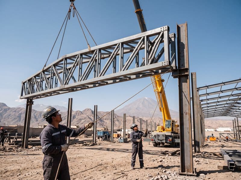 Grúa izando un tijeral de acero sobre las columnas de una nave industrial en construcción