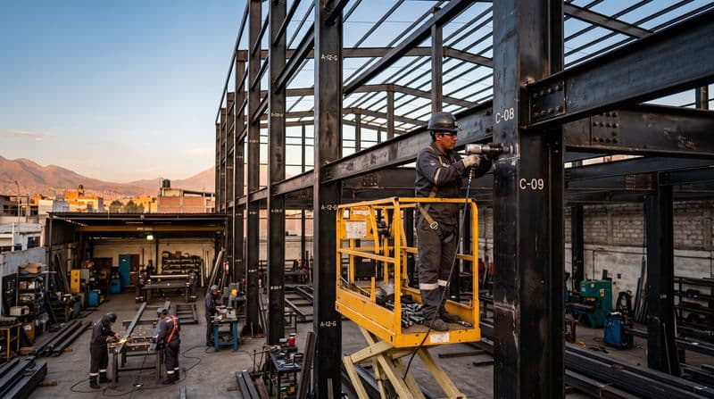 Estructura de acero de una nave industrial con columnas y vigas de uniones empernadas